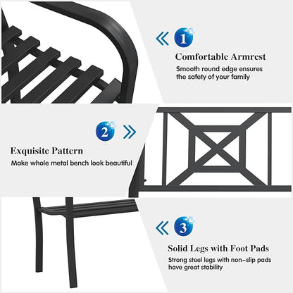 On Shine Patio Garden Bench,Outdoor Park Bench with Powder Coated Steel Frame, Elegant Loveseat with Square Pattern Backrest & Ergonomic Armrest for Outdoor Garden, Backyard, Lawn, Porch