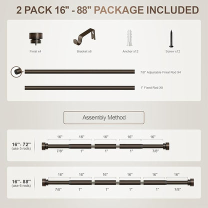 2 Pack Modern Antique Brown Bronze Curtain Rods for Windows 48 to 88 Inches Adjustable Heavy Duty 1" Diameter Window Rod with Decorative Finials for Outdoor Farmhouse Bedroom Kitchen Living Room