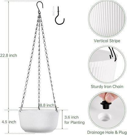 8.8 Inch Hanging Planters for Outdoor Indoor Plants, Set of 2 Self-Watering Hanging Pots with Drainage Hole & Plug II Screw-in Hooks II Non-deforming