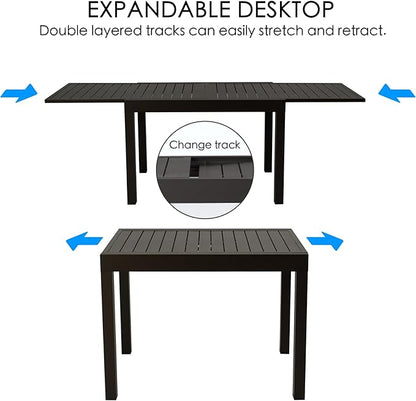 Kozyard Villa Expandable Patio Dining Table - Adjustable, Aluminum Outdoor Furniture for 4-6 Person, Perfect for Backyard, Porch, Deck, Garden - Brown, 43"- 86"