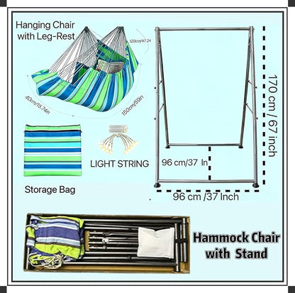 Hammock Chair Stand with X-Large Swing Chair with Footrest，Anti-Tip Thickened Weather-Resistant Iron Pipe Swing Frame, 450Lbs Stand Capacity Quick Assembly for Indoor Outdoor (Green Stripe)