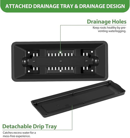 OYEAL 4 Pack Railing Planter Box Outdoor Hanging Balcony Planters 17 Inch Window Boxes Planter with Adjustable Brackets Plastic Flower Pots for Garden Deck Porch Railing Balcony Fence, Black & White