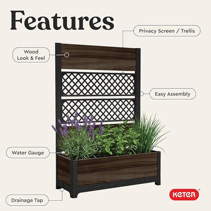 Keter Outdoor Planter Box with Privacy Screen and Trellis – 26 Gallon Raised Garden Bed for Climbing Plants & Flowers – Wood-Look Resin, Weather-Resistant Divider for Patio, Balcony & Backyard