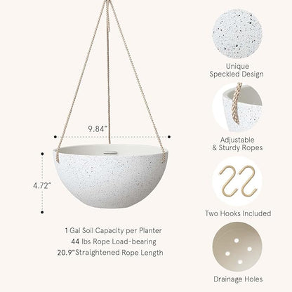LA Jolie Muse Hanging Planters for Indoor Plants - Flower Pots Outdoor 9.84 inch Garden Planters and Pots,Speckled White Set of 2