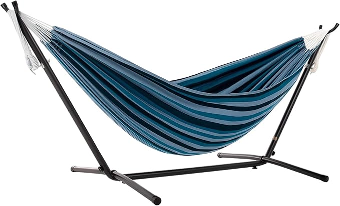 Vivere Double Cotton Hammock with Space Saving Steel Stand, Upgraded Polyester End Strings 450 lb Capacity - Premium Carry Bag Included - USA Grown Cotton (Blue Lagoon)