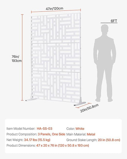 VEVOR Metal Privacy Screen, 47" W x 76" H Outdoor Privacy Screens 3-Panel, Freestanding Outdoor Divider with Stand, Decorative Garden Steel Privacy Fence for Balcony Patio Indoor Room Hot Tub White