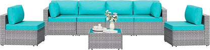 Shintenchi 7 Pieces Outdoor Patio Furniture Sets, Patio Sectional Sofa Couch, Silver Gray PE Wicker Furniture Modular Patio Conversation Sets Patio Sofa with Washable Cushions & Coffee Table (Blue)