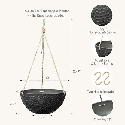LA JOLIE MUSE Hanging Planters for Indoor Plants, Medium Hanging Planters with Drain Holes, Outdoor Hanging Flower Pots, Matte Black, Honeycomb (10 Inch, Set of 2)
