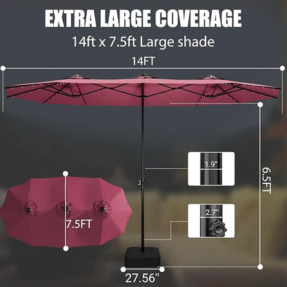 LEVELEVE 14FT Double-Sided Patio Umbrella with Base Included, Large Outdoor Rectangular Market Umbrella for Backyard, Poolside, Lawn & Garden,Red