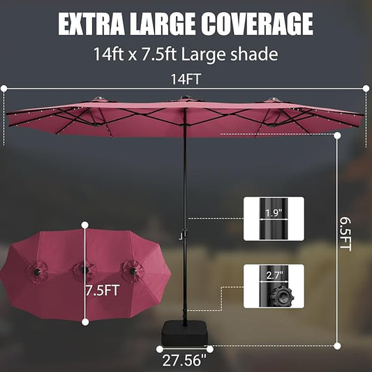 LEVELEVE Large Patio Umbrella with Base & Solar LED Lights, 14FT