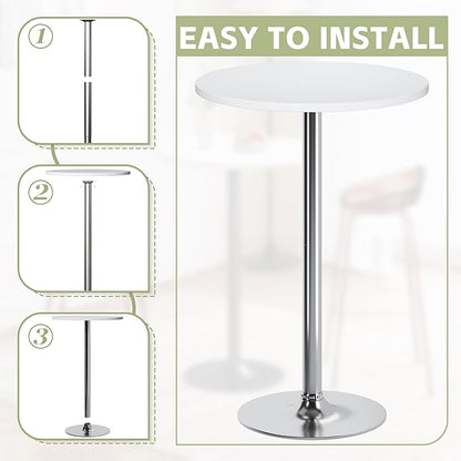 Flamaker Round Bistro Pub Table Modern Style Metal Base MDF Top Cocktail Bar Table Counter Bar Height for Pub, Dining Room, Party (1, White-Silver)