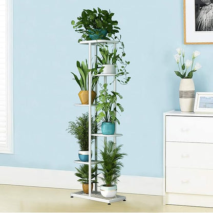 LINZINAR Plant Stand Metal 6 Tier 7 Potted Multiple Flower Pot Holder Shelf Indoor Outdoor Planter Display Shelving Unit for Patio Garden Corner Balcony Living Room (6 Tier 7 Potted, White)