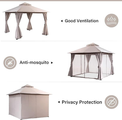 LAUSAINT HOME Semi-Permanent Outdoor Patio Gazebo 10'x10', Heavy Duty Party Tent Shelter with Double Roofs, Mosquito Nettings and Privacy Screens for Backyard, Garden, Lawn, Khaki