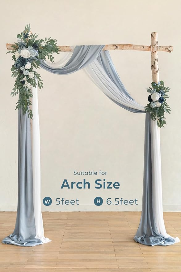 Artificial Flowers Set, Dusty Blue Sheer Drapes and Swag, 4 Pieces