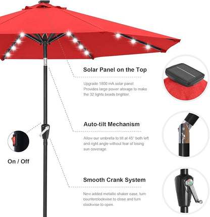 ABCCANOPY Durable Solar Led Patio Umbrellas with 32LED Lights 11FT（Red）