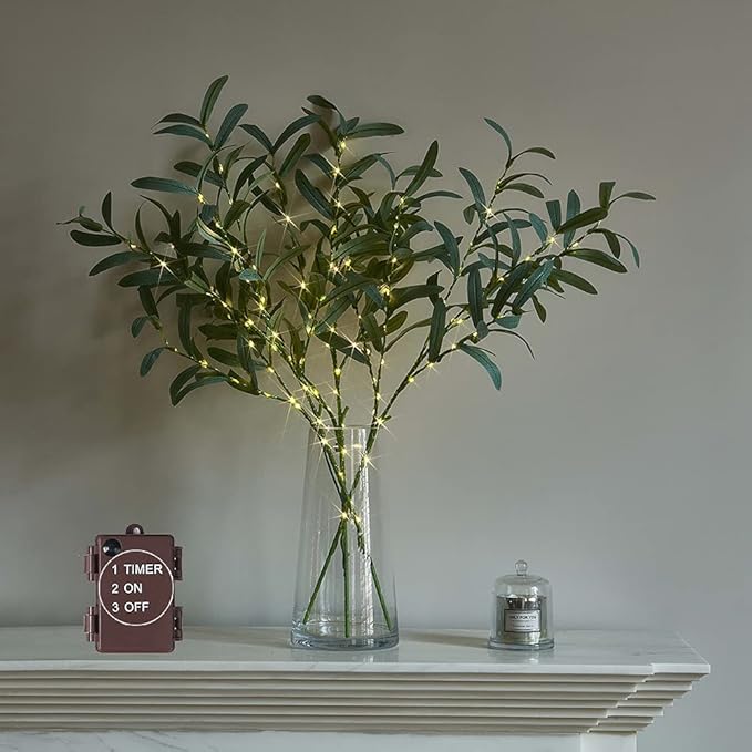 Artificial Olive Branch Greenery, 24 Inch, 72 LED Warm White Lights
