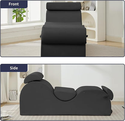 ijuicy Sleek Chaise Lounge Chair for Exercise, Indoor Lounger with Headrest, Waist Cushion, Movable Footrest, Side Pockets, Non-Slip Bottom, High Density Sponge, Dark Grey