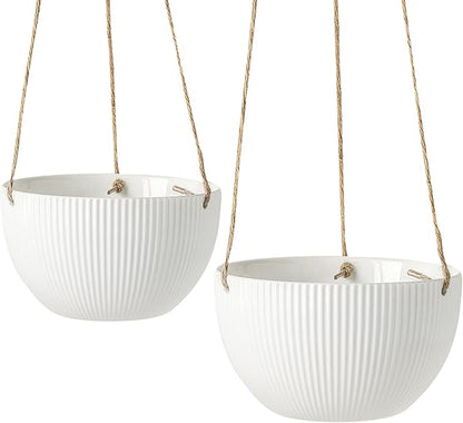 UBEE Ceramic Hanging Planters Indoor Outdoor, 7.5 Inch + 6.5 Inch Hanging Flower Pot for Plants Hanging Basket for Succulent Pothos Herbs Window Home Decor, 2 Pack, White