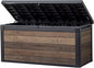 Keter Signature Collection 150 Gallon Resin Deck Box Organization and Storage Box for Patio Outdoor Cushions, Throw Pillows, Garden Tools and Pool Supplies, Walnut