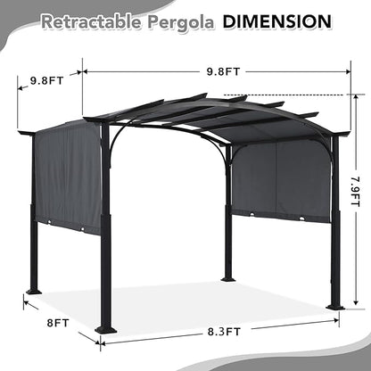 MASTERCANOPY 10x10ft Outdoor Retractable Pergola with Sun Shade Canopy Patio Metal Garden Pergola,Dark Grey