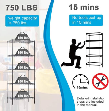 BestOffice | 5-Tier Wire Storage Shelves | 14x24x60 | Black| Heavy-Duty Metal Shelf, Holds Upto 750 lbs | No-Tool Assembly | Ideal for Home & Garage Shelving