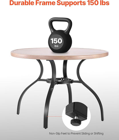 VEVOR Outdoor Patio Dining Table, 41 inch Round Wood-Like Steel Slat Backyard Bistro Coffee Tables for 4, with 1.5 in Umbrella Hole, Outside All-Weather Large Furniture for Lawn Garden Porch