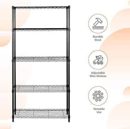 Amazon Basics 5-Shelf Adjustable Heavy Duty Steel Wire Storage Shelves for Garage, Kitchen, Easy Assembly, 36" x 14" x 72", Black | Heavy Duty, Adjustable, for Kitchen, Garage, Shelving Organizer