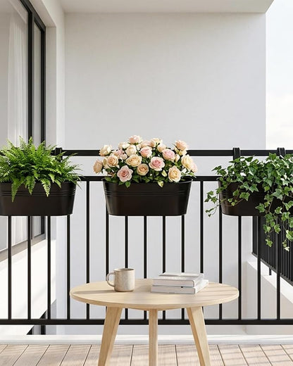vensovo 16 Inch Railing Planter for Outdoor Plants - 5 Pack Large Metal Balcony Hanging Planters with Detachable Hooks and Drain Holes Oval Box Rail Pots for Home Garden Fence, Black