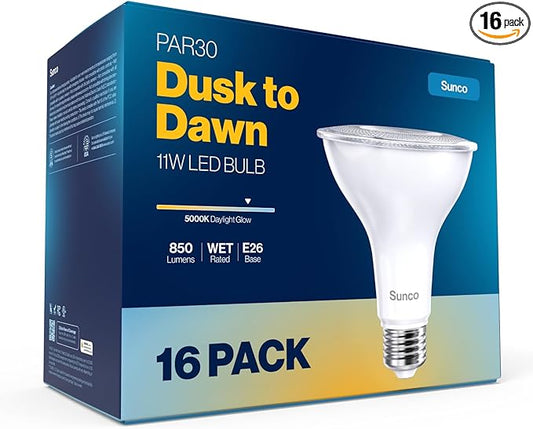 Sunco 16 Pack LED PAR30 Dusk to Dawn Light Bulb for Outside Porch, Patio, Backyard, 11W=75W, 850 LM, 5000K Daylight , Non-Dimmable, Photocell Sensor, UL