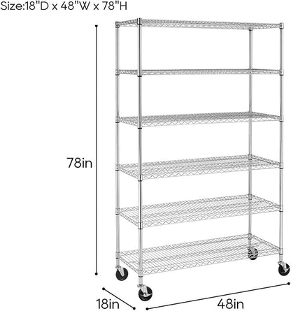BestOffice | 6-Tier Wire Storage Shelves with Wheels | 18x48x78 | Chrome | Adjustable Racks | Heavy-Duty Metal Shelf, Holds Upto 600 lbs | No-Tool Assembly | Ideal for Home & Garage Shelving