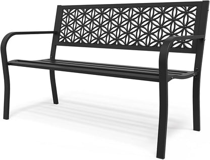 VINGLI 50" Outdoor Bench Metal with Floral Back, Garden Bench Front Porch Benches for Yard Patio Entryway Park Outside, 800lb Capacity - Black