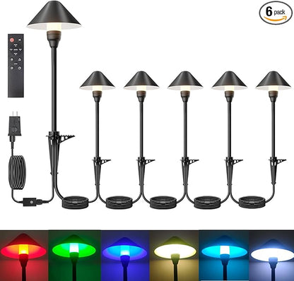 6 Pack Low Voltage Pathway Lights with Remote Timer, Low Voltage Landscape Lighting Warm White + RGB Modes, Outdoor LED Landscape Path Lights for Yard Lawn Backyard Walkway ETL Listed Transformer