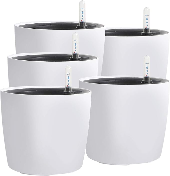 KINJOEK 5 Packs 7 Inch Self Watering Pot with Water Level Indicator, Modern Garden Decorative White Flower Pot, Flowers, African Violets, Succulents, White