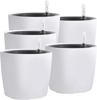 KINJOEK 5 Packs 7 Inch Self Watering Pot with Water Level Indicator, Modern Garden Decorative White Flower Pot, Flowers, African Violets, Succulents, White