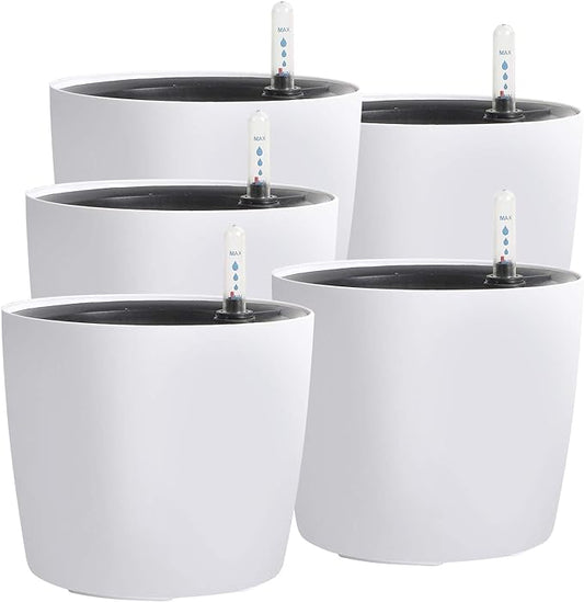 KINJOEK 5 Packs 7 Inch Self Watering Pot with Water Level Indicator, Modern Garden Decorative White Flower Pot, Flowers, African Violets, Succulents, White