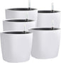 KINJOEK 5 Packs 7 Inch Self Watering Pot with Water Level Indicator, Modern Garden Decorative White Flower Pot, Flowers, African Violets, Succulents, White