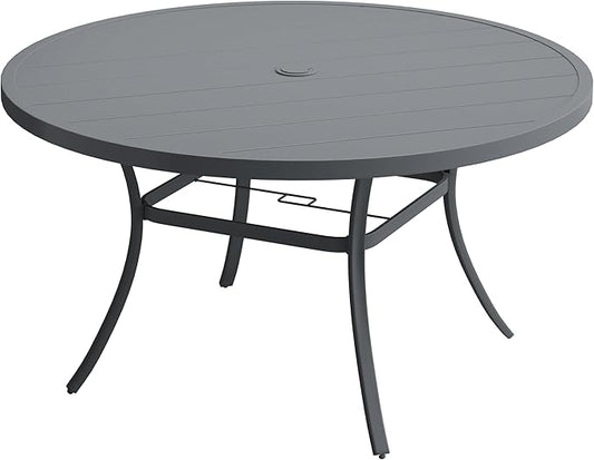 VICLLAX 63" Outdoor Round Patio Table with Umbrella Hole, All Weather Metal Round Outdoor Dining Table for Lawn Garden, 8-10 Person Table, Grey