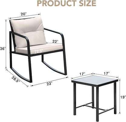 Devoko 3 Piece Rocking Bistro Set Wicker Patio Outdoor Furniture Porch Chairs Conversation Sets with Glass Coffee Table (Beige)