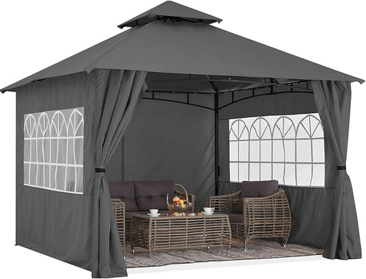MASTERCANOPY Patio Gazebo Steel Frame Outdoor Gazebo with Windows Curtains (10x12,Dark Gray)