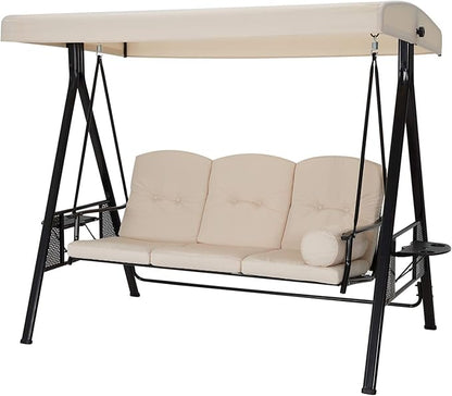 U-MAX 3-Seat Outdoor Patio Swing Chair, Swing Glider with Canopy Porch Swing, Weather Resistant Steel Frame Cup Holders Cushions, Adjustable Tilt Canopy, Beige
