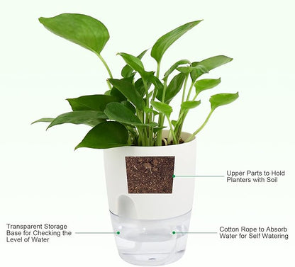 ShineMe Self Watering Pots, 5 Pack Self Watering Planters for Indoor Plants, 4.1 inch Plastic Plant and Flower Pots for African Violets, Herbs, Aloe, Peace Lily with Absorbent Cotton Rope