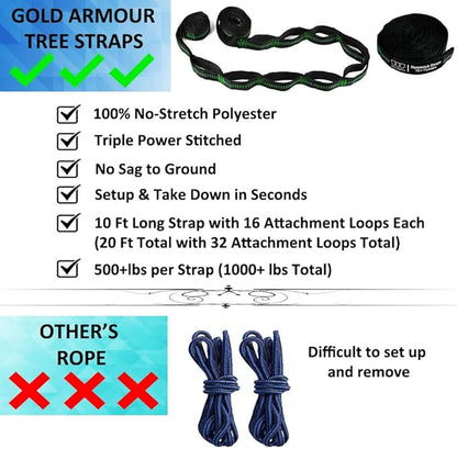 Gold Armour Camping Hammock - XL Double Hammock Portable Hammock Camping Accessories Gear for Outdoor Indoor with Tree Straps, USA Based Brand (OD Green)