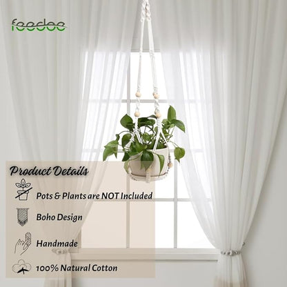 feedee Macrame Plant Hanger, Hanging Planters for Indoor Plants Holder with Wood Beads, Hanging Plant Holder for Indoor Outdoor, Gifts for Plant Lovers, Boho Home Decor Plant Hanger, Ivory