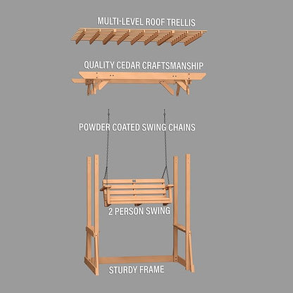 Backyard Discovery Callahan 8' x 5' Cedar Wood Outdoor Patio Pergola Swing Bench with Trellis, Two-Person Seating, Chains, Water Resistance, 600 Lb Weight Capacity for Porch, Patio, Deck, Garden
