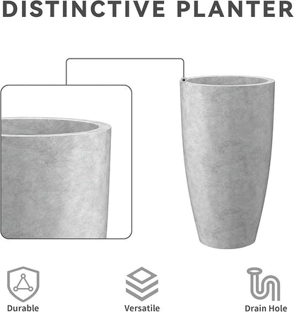 Kante 23.6" H Natural Concrete Finish Concrete Tall Planters Large Outdoor Indoor Decorative Plant Pots with Drainage Hole and Rubber Plug, Modern Tapered Style for Home and Garden