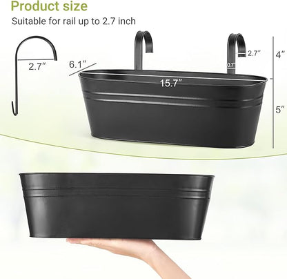 Dahey 5 Pcs Metal Iron Hanging Flower Pots for Railing Fence 15.7 Inch Hanging Bucket Pots Countryside Style Window Flower Plant Holder with Detachable Hooks for Garden Yard Home Decor, Black