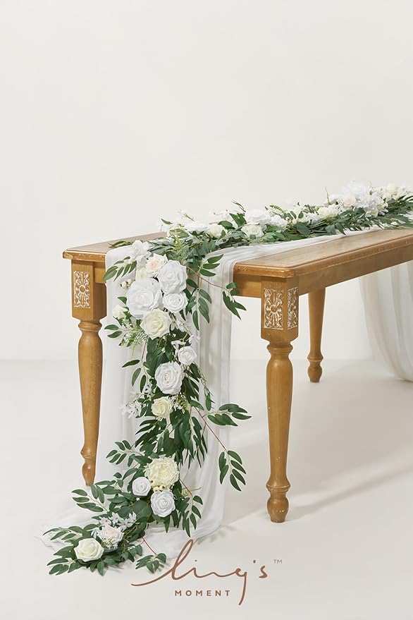 Artificial Flower Garland, 6 Ft Eucalyptus and Rose Ivory White Wedding Decor