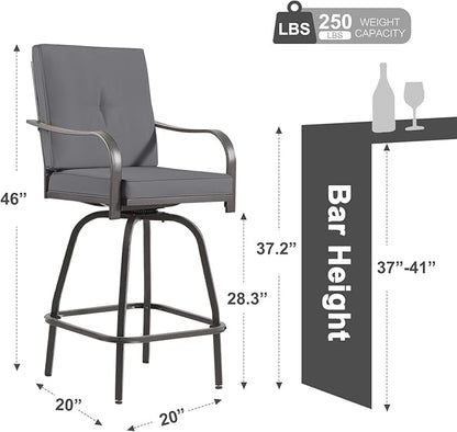 Patio Swivel Bar Stools Set of 2, Outdoor Bar Height Swivel Chairs with Cushions for Garden Balcony Backyard, Grey