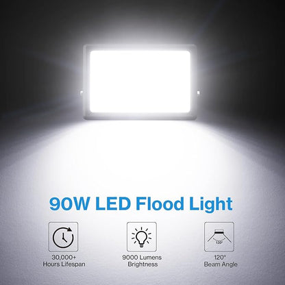 Olafus 2 Pack 90W LED Flood Light Outdoor, 9000LM Super Bright LED Work Lights Plug in, 6500K IP66 Waterproof Exterior Floodlight for Yard Lawn Garden