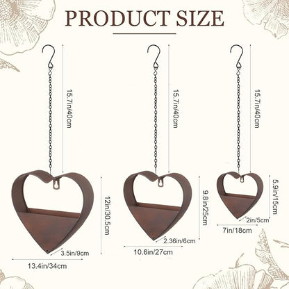 3 Pcs 3 Size Heart Metal Hanging Planter Indoor Outdoor, 13.4" 10.6" 7" Large Metal Plant Hangers Vintage Flower Pot with Hook Chain Drain Hole Gift for Gardener Women Mom Home Decor(Brown)